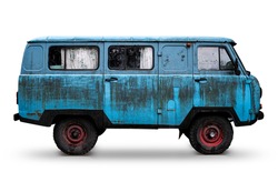 Old Retro Blue Dirty Van With Red Wheels Isolated On White. Rusty Rough Metal Surface Texture. Vintage Antique Soviet Russian Car Bus. Side View.