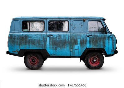 Old Retro Blue Dirty Van With Red Wheels Isolated On White. Rusty Rough Metal Surface Texture. Vintage Antique Soviet Russian Car Bus. Side View.