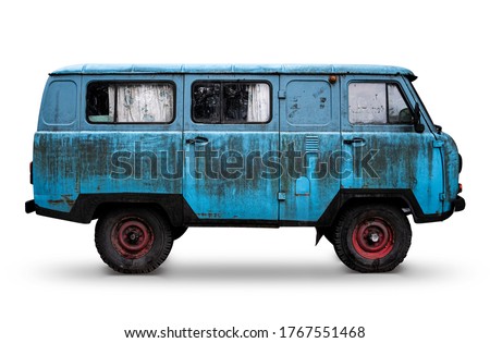 Old Retro Blue Dirty Van with Red Wheels Isolated on White. Rusty Rough Metal Surface Texture. Vintage Antique Soviet Russian Car Bus. Side View.