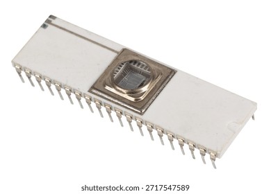 Old retro CPU microchip processor on white background.