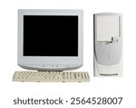 Old retro CRT monitor display, PC and a keyboard isolated on white background