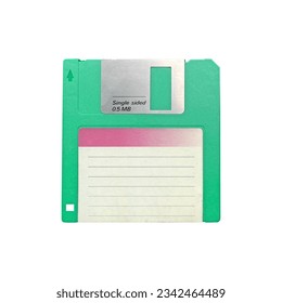 Old retro floppy disk isolated on white background, front view closeup cut out