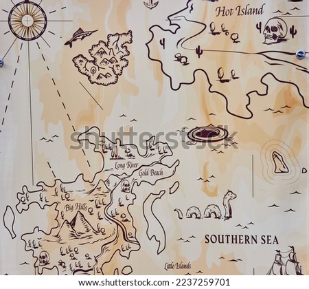 Old retro map drawn on wood of southern sea and mythical creatures