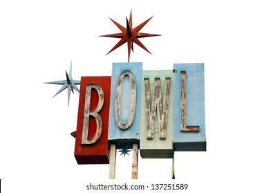 An Old Retro Neon Bowling Alley Sign Isolated On White With Room For Your Text With The Colors Of Red, Blue, Green And Turquoise