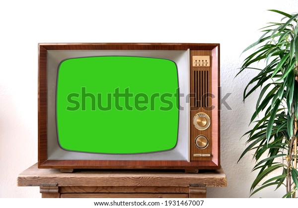 old retro TV
with blank green screen for a designer, video film stands in a
light room on a wooden table, ficus houseplant nearby, concept of a
cozy house 1960-1970, stylish
mockup