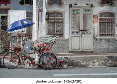 Old Rickshaw Tricycle In Georgetown, Penang, Malaysia.