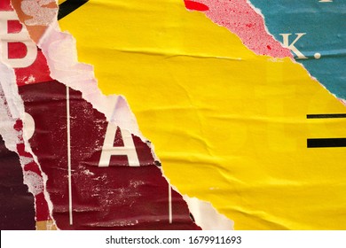 Old ripped torn posters grunge texture background creased crumpled paper backdrop placard surface / Urban street posters 