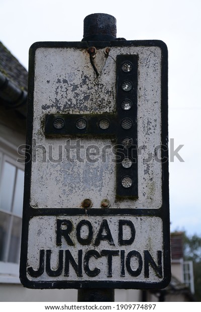 Old Road Traffic Sign For Road Junction (Pre\
Worboys), Kersey, Suffolk, England,\
UK