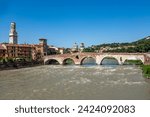 the old roman bridge in Verona  spans the river Etsch, Italy
