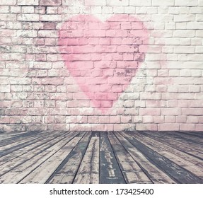 old room with brick wall graffiti heart, valentines day background