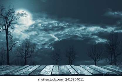 Old rough wooden pier at the lake and moonlit misty spooky forest at night: horror background - Powered by Shutterstock