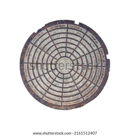 Old round metal manhole cover sewer cap isolated on white.