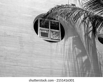 Old Round Window On White Clean Outdoor Building With Mosaic Wall Near The Palm Tree, View From Outside, Black And White Photography Style.