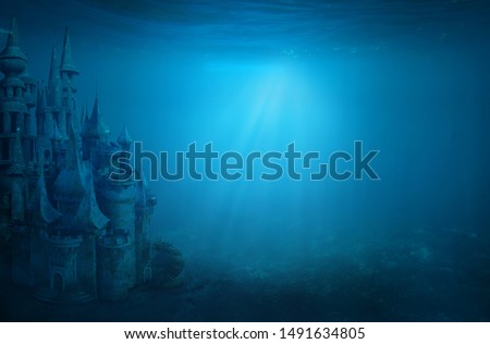 Old ruin castle under the sea. Atlantis theme concept.