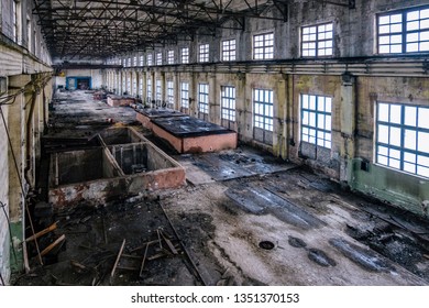 Old Ruined Abandoned Concrete Factory Interior, Aerial View.