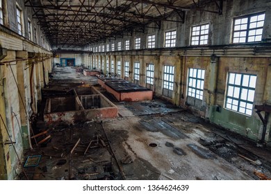 Old Ruined Abandoned Concrete Factory Interior, Aerial View.