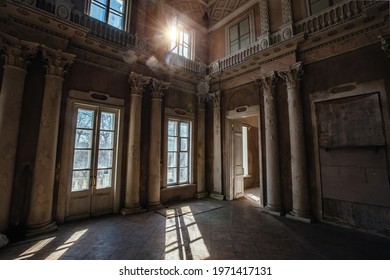 Old Ruined Abandoned Historical Mansion, Inside View.