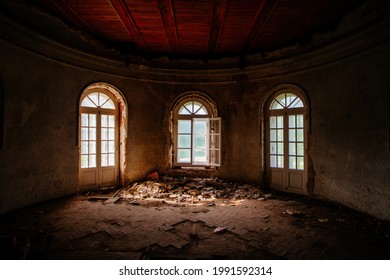 Old ruined abandoned historical mansion, inside view.