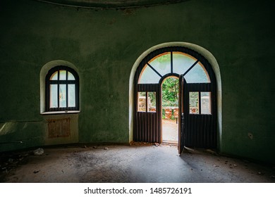 Old Ruined Abandoned Mansion Interior, Vaulted Window And Door.