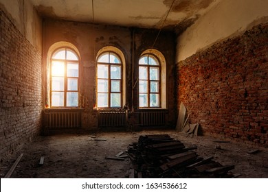 Old Ruined Abandoned Mansion Interior, Vaulted Windows