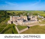 Old, ruined castle Krzyztopor in Ujazd, Poland, built in 17th century, the castle was partially destroyed during the Swedish invasion and ruined in 18th century, aerial view, spring.