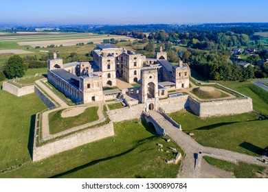 Old, ruined castle Krzyztopor in Ujazd, Poland, built in 17th century, ruined to naked walls in 18th century. Aerial view in the morning