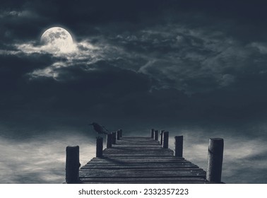 Old ruined wooden pier and dark cloudy sky, horror and darkness background - Powered by Shutterstock
