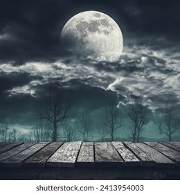 Old ruined wooden pier at the lake and moonlit misty spooky forest at night: horror background - Powered by Shutterstock