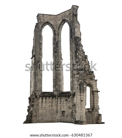 The old ruins of a building, white background, isolated.