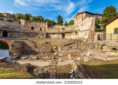 Old Ruins of the Roman Theatre or Amphitheater in Brescia downtown near the Capitolium Roman Temple (Tempio Capitolino), 1th century AC, UNESCO world heritage site, Lombardy, Italy, Europe.