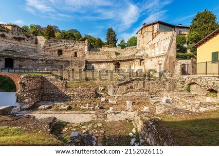 Old Ruins of the Roman Theatre or Amphitheater in Brescia downtown near the Capitolium Roman Temple (Tempio Capitolino), 1th century AC, UNESCO world heritage site, Lombardy, Italy, Europe.
