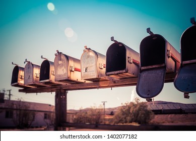 Old Rural Mail Boxes On The Side Of The Road.