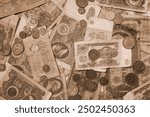 old russian money from the Soviet period background, texture in sepia color