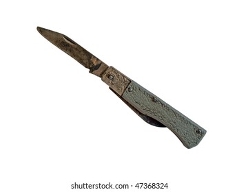 Old Russian Pocket Knife, Opened, On White