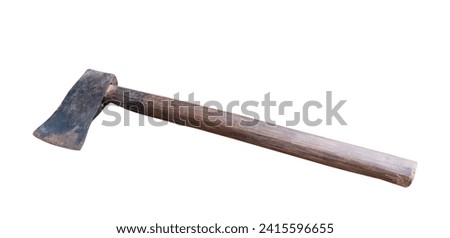 Old rust dirty dark gray axe with brown wooden handle is isolated on white background with clipping path.