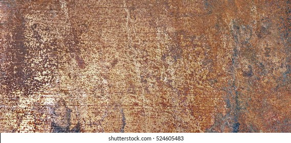 Old Rust Eroded Metal Iron Decay Crumpled Sheet Isolated Horizontal Background. Weathered Iron Messy Wreck Texture. Corroded Iron Metal Structure. Rust Steel Sheet Isolated Surface. Abstract Banner