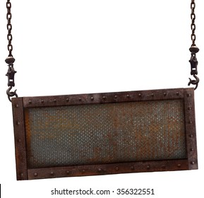 Old Rusted Iron Sign Hanging On A White Background.