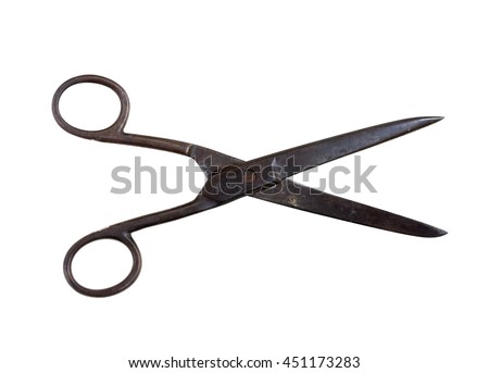 Old rusted scissors isolated on white background
