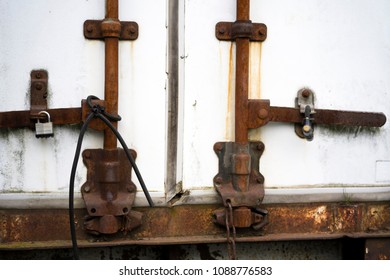 Old Rusted Semi Trailer Door Closing Mechanism Fulfilled Its Technical Resource And Became Useless With Closed Door By Digital And Standard Key Padlocks For Robbery Prevent And Safe Storage