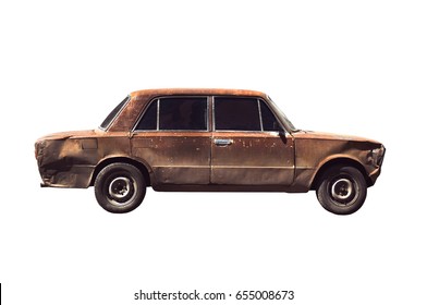 Old rusted torched car. Isolated over white