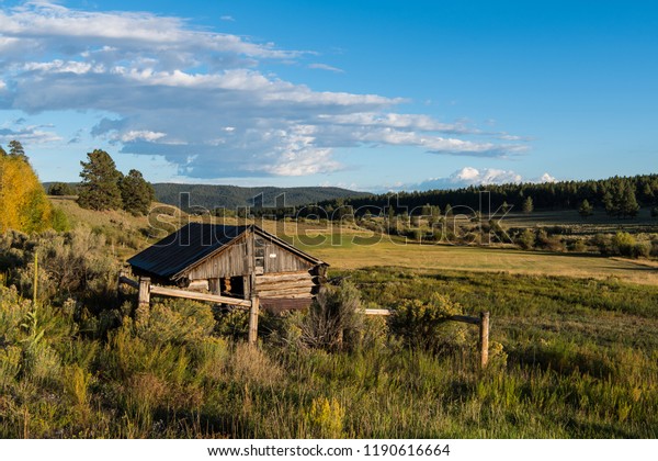 Old Rustic Log Cabin Overlooking Landscape Stock Photo Edit Now