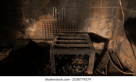 An old, rustic metal grill in a dark, charred stone setting, showing signs of use and wear, creating an atmospheric, vintage feel - Powered by Shutterstock