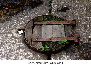 Old Rustic Wooden Trap Door With Padlock