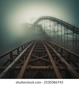 An old, rusting roller coaster looms ghostly in thick fog, its tracks vanishing into the mist. The eerie atmosphere is heightened by the haunting outlines of the decaying structure - Powered by Shutterstock