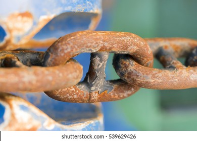 Old rusty anchor chain on a blue background
