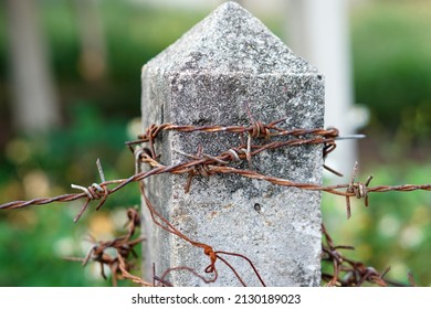 Old Rusty Barbwire On Concrete Pillar That Use For Making Fence. Concept : Security. No Entry. Private Area. Boundary Separation.                              