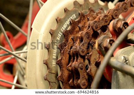 Old rusty bicycle forgotten store in garage. 