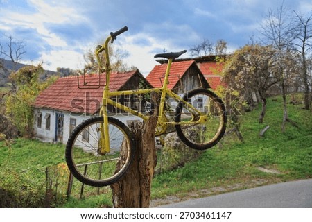 Old, rusty bicycle on the tree trunk in front of abandoned village
