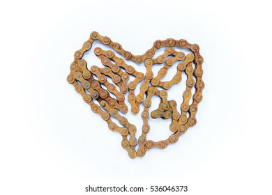 Old Rusty Bike Chain With A Heart-shaped.