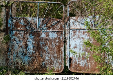 Old Rusty Blue Gate On An Abandoned Lot